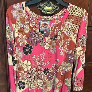 Johnny Was Floral Long Sleeve Tee - Pink and Orange